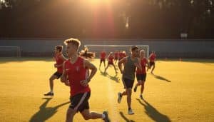 A sun-dappled sports field, athletes stretching and jogging in the foreground, their movements captured mid-motion with a crisp, documentary-style lens. In the middle ground, a group performs dynamic warm-up exercises, their silhouettes backlit by the golden hour glow. The background features strategically placed cones and fitness equipment, hinting at the structured pre-season conditioning regime. The overall atmosphere is one of focused determination, with a touch of natural, ambient lighting that lends a sense of serene anticipation.