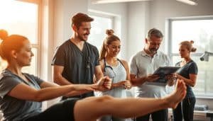 A team of healthcare professionals working together in a bright, airy sports therapy clinic. In the foreground, a physical therapist guides a patient through rehabilitation exercises, their expressions focused and collaborative. In the middle ground, an athletic trainer consults with a sports nutritionist, discussing a personalized plan. In the background, a chiropractor examines an x-ray, their brow furrowed in concentration. Warm, natural lighting filters through large windows, casting a soft glow over the scene. The atmosphere is one of expertise, compassion, and a shared commitment to holistic patient care.