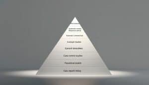 A towering pyramid of evidence hierarchy, its layers representing the strength and reliability of sports therapy research. In the foreground, a crisp, clinical rendering of the pyramid's tiers - meta-analyses, systematic reviews, randomized controlled trials, cohort studies, case-control studies, and case reports. Illuminated by a soft, directional light, casting subtle shadows that accentuate the structure's geometric precision. The middle ground is a serene, minimalist backdrop, allowing the pyramid to take center stage. The overall atmosphere conveys a sense of scientific rigor and medical authority, befitting the study of sports therapy evidence.