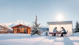 A tranquil winter landscape with a cozy sports therapy clinic in the foreground, its warm interior visible through large windows. In the background, a snowy mountain range under a crisp, clear sky. Inside the clinic, a physiotherapist attends to a patient receiving treatment for a winter sports injury. Contrasting this, a sun-dappled summer scene with an outdoor sports therapy area, where another physiotherapist helps a patient recover from a summer sports-related condition. Soft, natural lighting throughout, with a sense of professionalism and care in both settings.