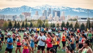 A vibrant crowd of diverse athletes, representing the demographic tapestry of Calgary, gathers on a well-lit sports field. In the foreground, a group of runners, cyclists, and fitness enthusiasts stretch and warm up, their athletic gear and expressions reflecting the energy of the scene. In the middle ground, a mix of recreational and competitive athletes, from various age groups and cultural backgrounds, engage in a variety of sports, from basketball and soccer to yoga and rock climbing. The background features the iconic cityscape of Calgary, with the Rocky Mountains providing a majestic backdrop, conveying a sense of place and community. The overall atmosphere is one of inclusivity, health, and the celebration of active lifestyles in the city.