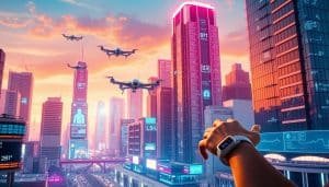 A vibrant, futuristic cityscape with sleek, interconnected healthcare technologies seamlessly integrated into the urban environment. In the foreground, a person wearing a smart wearable device, their health data transmitted wirelessly to a nearby monitoring station. In the middle ground, holographic displays showcase real-time vitals and treatment recommendations, while autonomous medical drones zip through the air. The background features towering skyscrapers adorned with sensor-laden facades, their intelligent systems constantly tracking the well-being of the city's inhabitants. Warm, neon-tinged lighting casts an optimistic glow, conveying a sense of advanced, proactive healthcare that empowers individuals to take control of their wellness.