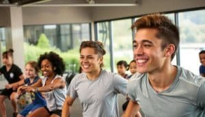 A vibrant scene of neurodivergent athletes engaged in various sports activities at Riverside Sports Therapy in Calgary. In the foreground, a group of individuals with diverse neurological profiles participate in personalized training sessions, their faces alight with focus and determination. The middle ground showcases specialized equipment and therapists guiding the athletes through tailored exercises, fostering an inclusive and supportive environment. In the background, the natural beauty of the Riverside setting frames the scene, with lush greenery and a serene river backdrop creating a calming, restorative atmosphere. Warm, diffused lighting illuminates the space, conveying a sense of hope, empowerment, and community.
