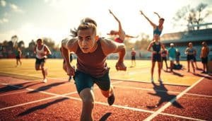 A vibrant scene of neurodivergent athletes showcasing their unique talents and abilities on the playing field. In the foreground, a sprinter with autism displays incredible speed and focus, their determined expression captured in sharp detail under warm, golden lighting. In the middle ground, a gymnast with ADHD performs a breathtaking acrobatic routine, their body twisting and turning with graceful precision. In the background, a group of neurodiverse individuals engage in a team sport, their camaraderie and teamwork highlighting the power of inclusive sports. The overall atmosphere conveys a sense of celebration, empowerment, and the boundless potential of the neurodivergent community in athletic pursuits.