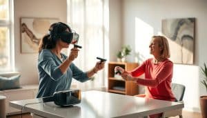 A virtual reality therapist's office, bathed in warm, natural lighting that filters through large windows. In the foreground, a therapist and patient engage in a session, their expressions radiating empathy and connection. The therapist's movements are fluid and efficient, seamlessly manipulating virtual tools and interfaces to provide personalized rehabilitation exercises. In the middle ground, a VR headset and controllers sit on a sleek, minimalist desk, symbolizing the technology that enables this enhanced therapeutic experience. The background features soothing, abstract artwork and calming decor, creating an atmosphere of comfort and healing.