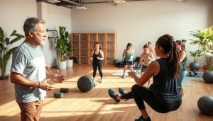 A warm, welcoming sports therapy center with a diverse group of athletes engaged in inclusive coaching techniques. The foreground features a coach guiding a neurodiverse group through adaptive exercises, their expressions animated and engaged. The middle ground showcases inclusive equipment and modifications, tailored to individual needs. The background depicts an airy, well-lit space with natural elements like plants, soft textures, and muted colors, creating a calming, nurturing atmosphere. Lighting is soft and diffused, casting a gentle glow. The overall scene conveys a sense of community, empowerment, and a holistic approach to sports therapy.