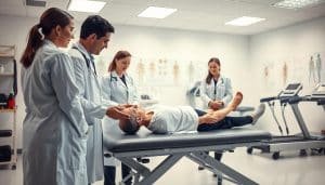A well-lit clinical research lab, with physical therapists in white coats carefully observing a patient performing stretches and exercises on a padded examination table. The room is equipped with state-of-the-art rehabilitation equipment, including resistance bands, balance boards, and a high-tech treadmill. Soft, diffused lighting creates a calming atmosphere, while the therapists' expressions convey a sense of focused attention and empathetic care. The background features anatomical diagrams and charts, hinting at the scientific rigor underlying the rehabilitation process. The overall scene evokes a sense of professionalism, innovation, and a commitment to evidence-based practice in the field of physical therapy.