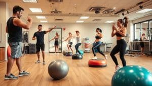 A well-lit, detailed scene depicting various athletic injury prevention strategies. In the foreground, a trainer demonstrates proper form and technique for stretching and mobility exercises. In the middle ground, athletes perform balance training on stability balls and foam rollers. In the background, a sports medicine clinic with physical therapists evaluating and treating patients. The scene has a warm, professional atmosphere with clean, modern medical equipment and a focus on holistic, evidence-based injury prevention approaches.