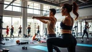 A well-lit, detailed scene of a person engaging in various fitness exercises, such as stretching, weightlifting, and cardio activities. The individual is positioned in the foreground, wearing comfortable athletic attire and focused on their workout routine. In the middle ground, there are various exercise equipment and tools, including resistance bands, yoga mats, and dumbbells. The background depicts a clean, modern gym environment with large windows, natural lighting, and a serene atmosphere. The overall mood conveys a sense of dedication, discipline, and the positive impact of consistent exercise on one's well-being.
