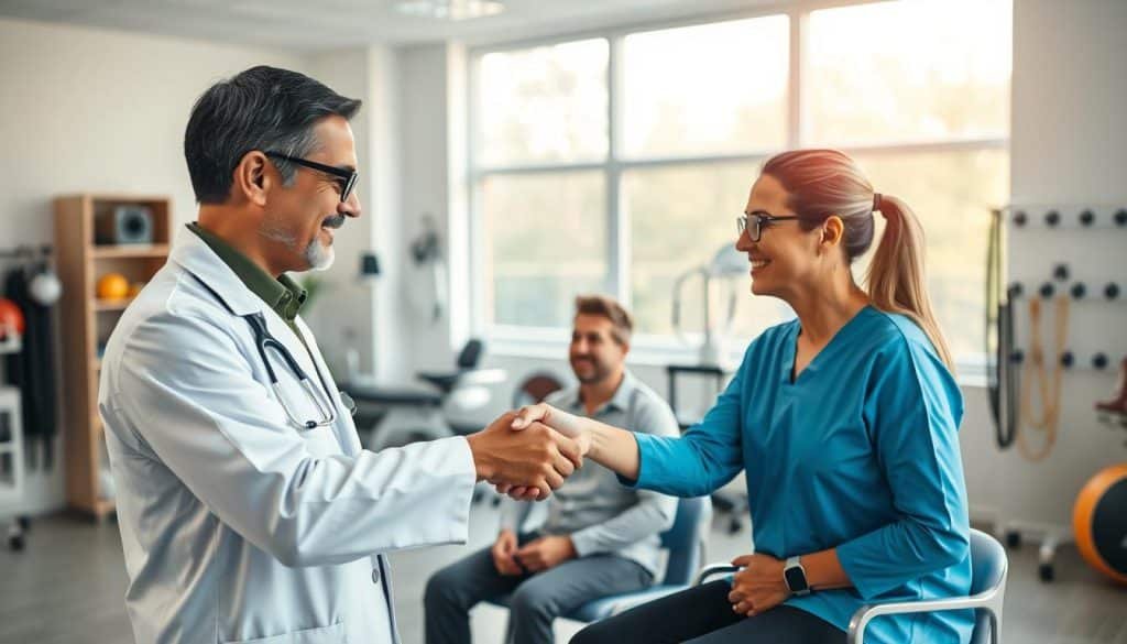 A well-lit doctor's office with a focus on collaborative care. In the foreground, a physician and a sports therapist shake hands, their faces expressing mutual understanding and respect. The middle ground features a patient sitting comfortably, receiving attentive care from both professionals. Soft, natural lighting filters through large windows, creating a calming, inviting atmosphere. The background showcases various medical equipment and sports rehabilitation tools, subtly signifying the integration of primary care and sports therapy. The scene conveys a sense of trust, expertise, and a patient-centered approach to healthcare.