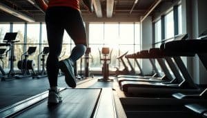 A well-lit gym interior, with a focus on a person performing cardiovascular exercises on a treadmill. The foreground features the treadmill, with the person's silhouette visible as they stride with determined, steady movements. The middle ground showcases various workout equipment, such as exercise bikes and weight racks, arranged in a visually appealing layout. In the background, large windows allow natural light to flood the space, creating a bright and energetic atmosphere. The scene conveys a sense of dedication, progress, and the strategies needed to sustain cardiorespiratory fitness improvements.