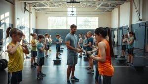 A well-lit gymnasium interior with an array of diverse young athletes diligently engaged in resistance training exercises under the watchful guidance of an experienced coach. The foreground showcases proper form and technique, with the athletes carefully adjusting their posture and movements. The middle ground features a range of age-appropriate equipment, including free weights, resistance bands, and plyometric platforms, arranged in a safe and organized manner. The background depicts a serene, spacious environment with natural lighting streaming in through large windows, creating a welcoming and motivational atmosphere. The overall scene conveys a sense of discipline, safety, and the importance of age-appropriate resistance training for youth development and athletic performance.