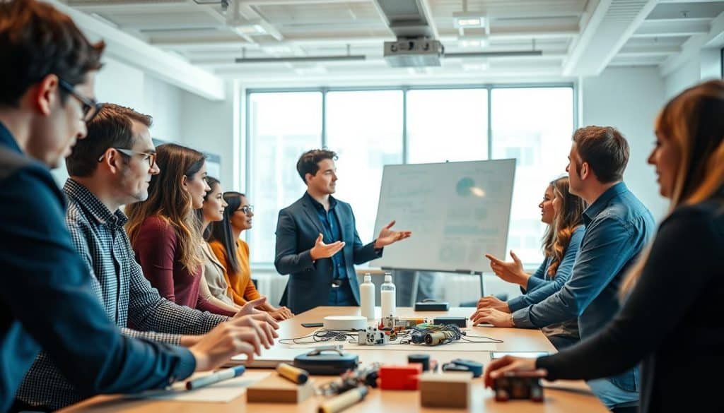A well-lit, modern classroom setting with an array of professionals engaged in interactive training activities. The foreground features a diverse group of employees collaborating on a hands-on project, their expressions focused and engaged. In the middle ground, an instructor gestures animatedly while presenting on a large, interactive whiteboard. The background showcases a spacious, airy room with large windows, offering a sense of openness and inspiration. Soft, diffused lighting creates a welcoming, productive atmosphere, and the overall scene conveys a spirit of continuous learning, skill development, and workforce empowerment.