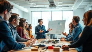 A well-lit, modern classroom setting with an array of professionals engaged in interactive training activities. The foreground features a diverse group of employees collaborating on a hands-on project, their expressions focused and engaged. In the middle ground, an instructor gestures animatedly while presenting on a large, interactive whiteboard. The background showcases a spacious, airy room with large windows, offering a sense of openness and inspiration. Soft, diffused lighting creates a welcoming, productive atmosphere, and the overall scene conveys a spirit of continuous learning, skill development, and workforce empowerment.