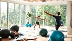A well-lit sports therapy session unfolds in a serene, sunlit studio. In the foreground, a physical therapist intently guides an athlete through a series of dynamic stretches and targeted exercises, their movements fluid and purposeful. The middle ground features an array of specialized equipment - stability balls, resistance bands, and massage tools - arranged neatly, ready for use. In the background, floor-to-ceiling windows offer a calming view of lush greenery, creating a tranquil, rejuvenating atmosphere. The overall scene conveys a sense of personalized care, professionalism, and a commitment to the athlete's holistic well-being.