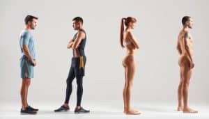 A well-lit studio scene depicting several athletes in various postural deviations. The foreground features a male athlete in an exaggerated forward head and rounded shoulder posture, with a female athlete in a side-view showing excessive spinal curvature. In the middle ground, another athlete exhibits a pronounced pelvic tilt. The background has a clean, neutral backdrop to focus attention on the anatomical details. Crisp, high-resolution rendering using a 50mm lens to capture the nuanced body mechanics, with natural, even lighting to showcase the postural irregularities.