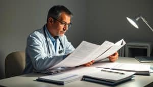 Clinical practice evidence integration: A healthcare professional diligently reviewing medical literature, with a focused expression, while meticulously organizing research papers, clinical guidelines, and patient data on a clean, well-lit desk. The scene conveys a thoughtful, analytical atmosphere, as the practitioner intently synthesizes diverse sources to inform their evidence-based approach to patient care. Soft, directional lighting casts subtle shadows, highlighting the practitioner's dedication to integrating the best available evidence into their local clinical practice.