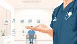 Detailed illustration of a sports therapy referral process. In the foreground, a person in a medical uniform gestures towards a series of icons representing different medical providers and facilities. The middle ground shows patients moving through the referral workflow, with arrows guiding their path. The background features a clean, minimalist medical office setting with neutral tones and soft, diffused lighting. The overall composition conveys a sense of clarity, efficiency, and professionalism in the sports therapy referral process.