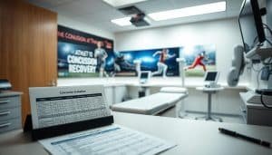 Detailed medical assessment room with modern equipment. Bright, sterile lighting casts a clinical atmosphere. In the foreground, a concussion evaluation chart and cognitive test materials are neatly arranged on a desk. The middle ground features an examination table and state-of-the-art diagnostic devices. The background showcases motivational sports imagery, reinforcing the connection to athletic recovery. The overall scene conveys a sense of professionalism and expertise in concussion management for neurodivergent athletes.