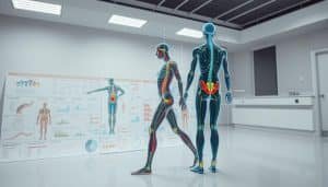 a detailed scientific diagram of the biomechanics of sports therapy movement patterns, captured with a professional photographic lens in a clean and minimalist laboratory setting. the foreground showcases a human figure performing various therapeutic exercises, with colored lines and vectors visualizing the complex interplay of muscles, joints, and forces. the middle ground features a grid of anatomical illustrations and data visualizations, while the background is a serene, muted palette that emphasizes the analytical and research-driven nature of the subject matter. bright, even lighting illuminates the scene, lending an objective, clinical tone to the overall composition.