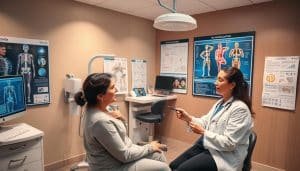 a professional medical assessment clinic, a well-equipped exam room with modern medical equipment, subtle lighting and warm tones, a calming atmosphere, a doctor conducting a thorough physical examination of a patient, using evidence-based techniques and tools to assess their condition, the patient's expressions conveying trust and comfort, the room exuding an air of expertise and care, high-quality medical imagery and charts displayed on the walls, providing a comprehensive visual representation of the assessment process