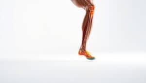 A biomechanics assessment of a runner in motion, captured with a high-speed camera. The runner's form is analyzed, with a focus on joint angles, muscle activation, and ground reaction forces. The image depicts the runner in mid-stride, with a clean, white background that allows the biomechanical data to be the central focus. Soft, directional lighting highlights the runner's musculature and the subtle details of their gait. The perspective is a close-up, providing a detailed view of the runner's lower body and creating a sense of immersion for the viewer. The overall mood is clinical, yet with a touch of dynamism, reflecting the assessment's purpose to optimize the runner's performance and prevent injury.