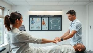 A bright, well-lit clinical setting with state-of-the-art rehabilitation equipment. In the foreground, a physiotherapist carefully guiding a patient through a series of targeted exercises, their movements precise and purposeful. In the middle ground, a wall-mounted display showcases diagrams and illustrations outlining the principles of injury rehabilitation, from tissue healing to functional restoration. The background features a panoramic view of a tranquil outdoor space, hinting at the holistic nature of the rehabilitation process. The overall atmosphere conveys a sense of professionalism, expertise, and a commitment to helping the patient regain their full strength and mobility.