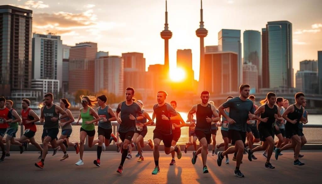 A bustling city skyline with the iconic Calgary Tower in the background, casting a warm glow as the sun sets over the Bow River. In the foreground, a group of runners stride confidently, their running gear and posture exuding expertise and dedication. The scene is bathed in a soft, golden light, capturing the energy and vitality of the city's running community. The runners' movements are captured in a series of dynamic poses, showcasing their skill and precision as they navigate the city streets. The overall atmosphere conveys a sense of pride, professionalism, and a deep commitment to the sport of running.
