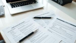 A clean, well-organized office desk with a laptop, a pen, and several insurance-related documents neatly arranged. The documents feature detailed health insurance information, including claim forms, benefits summaries, and direct billing instructions. The lighting is soft and diffused, creating a professional and trustworthy atmosphere. The entire scene is photographed from a slightly elevated angle, emphasizing the importance and attention to detail of the insurance-related materials.