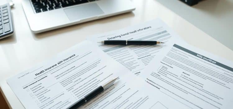 A clean, well-organized office desk with a laptop, a pen, and several insurance-related documents neatly arranged. The documents feature detailed health insurance information, including claim forms, benefits summaries, and direct billing instructions. The lighting is soft and diffused, creating a professional and trustworthy atmosphere. The entire scene is photographed from a slightly elevated angle, emphasizing the importance and attention to detail of the insurance-related materials.