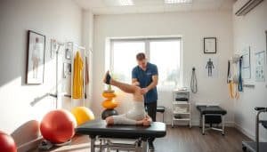 A clinical physiotherapy office with modern medical equipment, including exercise balls, resistance bands, and massage tools. Bright natural lighting floods the space, creating a serene and welcoming atmosphere. In the center, a physiotherapist examines a patient's injured leg, their expertise and attentive care evident in their posture and expression. The background features anatomical diagrams and certificates, demonstrating the depth of their medical knowledge. The overall scene conveys a sense of professionalism, trust, and the specialized care provided by this sports recovery physiotherapy clinic.