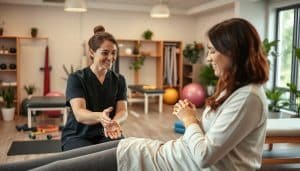 A comprehensive physiotherapy clinic with an integrated approach, showcasing a warm, inviting atmosphere. In the foreground, a patient undergoing a hands-on manual therapy session with a physiotherapist, their faces conveying trust and collaboration. In the middle ground, various rehabilitation equipment and tools, including resistance bands, exercise balls, and therapy tables, highlighting the diverse treatment modalities available. The background features soothing natural elements, such as potted plants and a large window, creating a calming, holistic environment. Soft, diffused lighting illuminates the scene, emphasizing the therapeutic ambiance. The overall composition conveys a sense of professionalism, expertise, and a patient-centric approach to integrated rehabilitation.