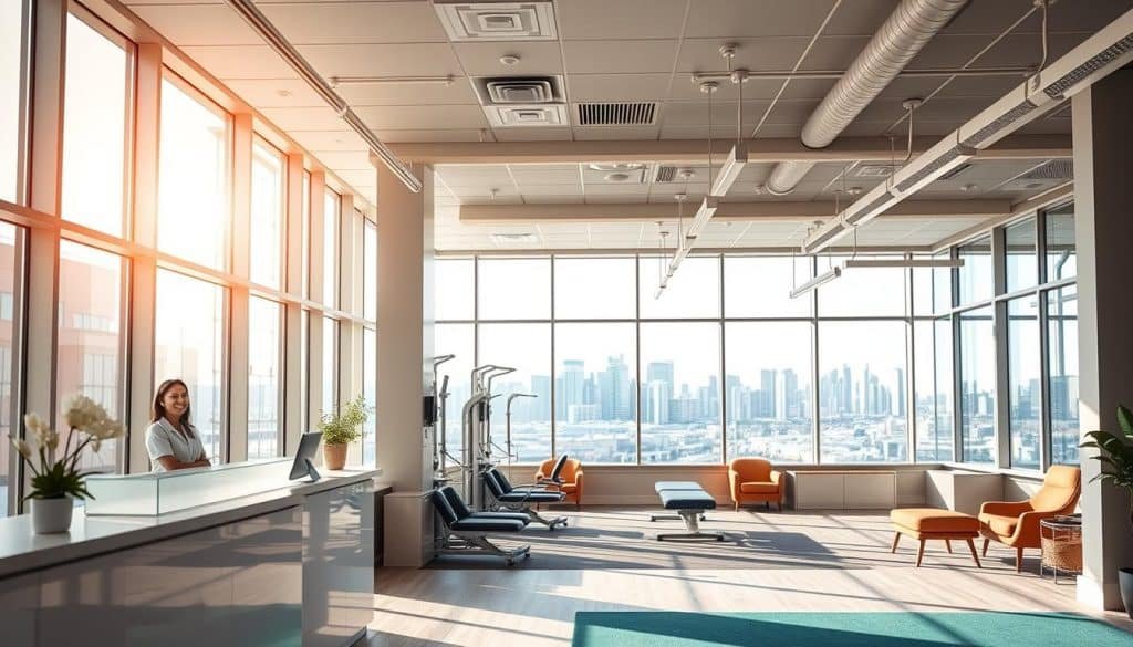 A contemporary clinic interior with natural light streaming through large windows, showcasing a warm, inviting atmosphere. The foreground features a reception desk with a friendly staff member greeting patients. The middle ground displays a well-equipped therapy space with a mix of rehabilitation equipment and comfortable seating areas. The background depicts a panoramic view of the vibrant Calgary skyline, conveying a sense of a comprehensive, urban care facility. The overall mood is one of professionalism, care, and a holistic approach to recovery and well-being.