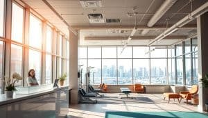 A contemporary clinic interior with natural light streaming through large windows, showcasing a warm, inviting atmosphere. The foreground features a reception desk with a friendly staff member greeting patients. The middle ground displays a well-equipped therapy space with a mix of rehabilitation equipment and comfortable seating areas. The background depicts a panoramic view of the vibrant Calgary skyline, conveying a sense of a comprehensive, urban care facility. The overall mood is one of professionalism, care, and a holistic approach to recovery and well-being.