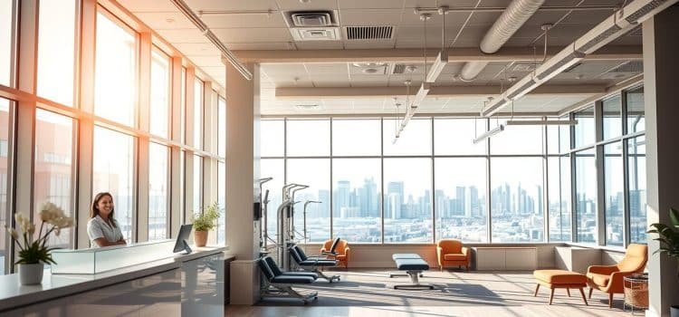A contemporary clinic interior with natural light streaming through large windows, showcasing a warm, inviting atmosphere. The foreground features a reception desk with a friendly staff member greeting patients. The middle ground displays a well-equipped therapy space with a mix of rehabilitation equipment and comfortable seating areas. The background depicts a panoramic view of the vibrant Calgary skyline, conveying a sense of a comprehensive, urban care facility. The overall mood is one of professionalism, care, and a holistic approach to recovery and well-being.