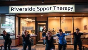 A cozy and welcoming physiotherapy clinic nestled in the heart of Calgary, its facade adorned with a warm, earthy color palette and large windows that invite natural light to flood the interior. The clinic's signage prominently displays its name, "Riverside Sports Therapy," reflecting its commitment to the local community. In the foreground, a group of patients engage in various rehabilitation exercises, their expressions focused and determined. The middle ground features a reception area where a friendly staff member greets visitors, while the background showcases the clinic's modern and well-equipped treatment rooms, equipped with the latest physiotherapy technology. The overall atmosphere conveys a sense of professionalism, expertise, and a genuine dedication to helping the people of Calgary achieve their health and wellness goals.