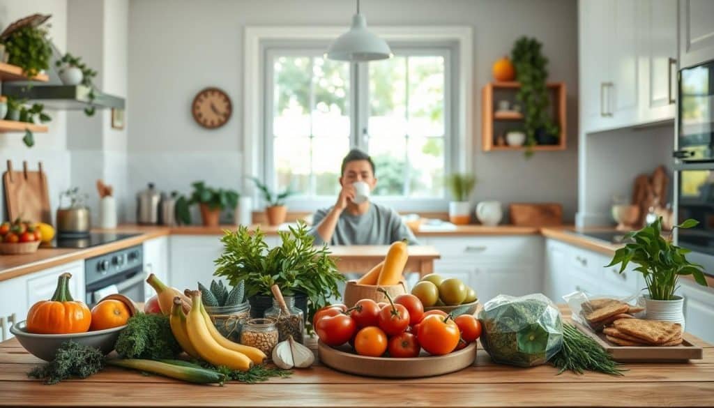 A cozy kitchen scene, bright and airy, with a wooden table in the foreground. On the table, an assortment of fresh fruits, vegetables, herbs, and healthy snacks, arranged in an appealing manner. In the middle ground, a person sitting at the table, peacefully sipping a warm beverage, their expression one of calm and relaxation. The background features a large window overlooking a peaceful garden, with natural light flooding the space. The overall atmosphere conveys a sense of mindfulness, balance, and the harmonious integration of healthy living and pain management.