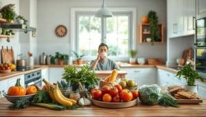 A cozy kitchen scene, bright and airy, with a wooden table in the foreground. On the table, an assortment of fresh fruits, vegetables, herbs, and healthy snacks, arranged in an appealing manner. In the middle ground, a person sitting at the table, peacefully sipping a warm beverage, their expression one of calm and relaxation. The background features a large window overlooking a peaceful garden, with natural light flooding the space. The overall atmosphere conveys a sense of mindfulness, balance, and the harmonious integration of healthy living and pain management.