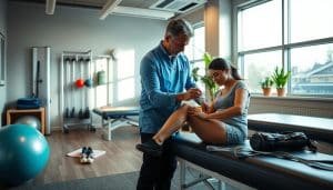 A cozy, well-lit physiotherapy clinic. In the foreground, a physiotherapist carefully examines a patient's injured knee, using a combination of manual techniques and advanced diagnostic tools. The middle ground features state-of-the-art rehabilitation equipment, including exercise balls, resistance bands, and a massage table. The background showcases a calming, modern aesthetic with natural light filtering in through large windows, creating a serene and professional atmosphere. The overall scene conveys a sense of trust, expertise, and personalized care that Calgary sports physiotherapy patients can expect.