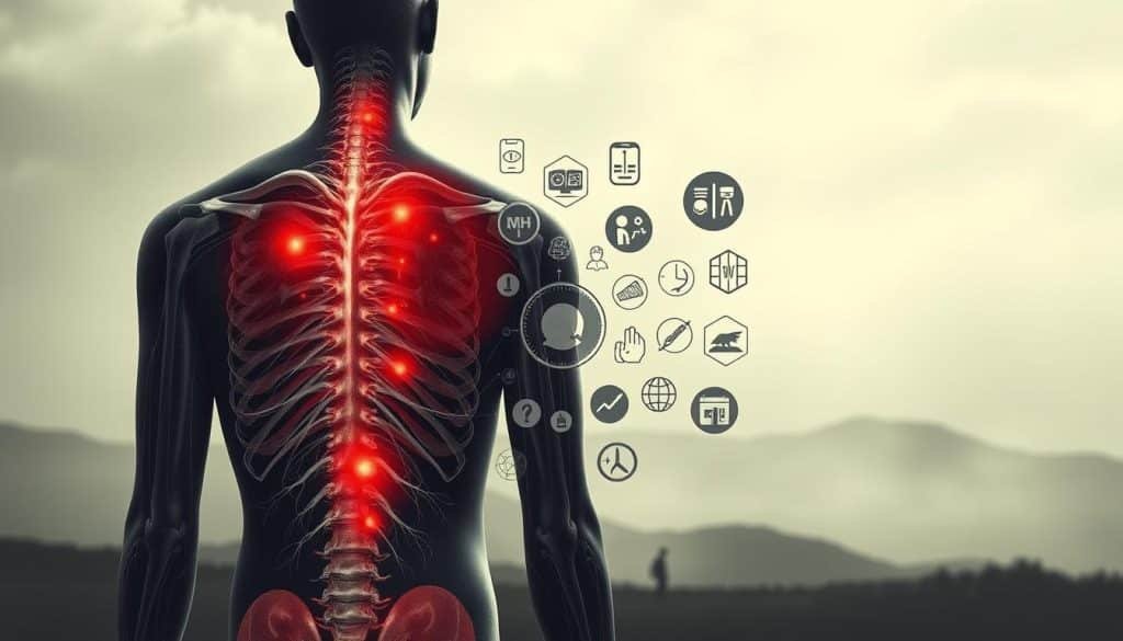 A cross-section of the human body, showcasing the intricate network of nerves, muscles, and tissues affected by chronic pain. The foreground depicts a detailed anatomical illustration, highlighting the areas of inflammation and hypersensitivity. The middle ground features a series of icons and symbols representing the various causes of chronic pain, such as injury, illness, and underlying conditions. In the background, a hazy, monochromatic landscape conveys the emotional and psychological impact of chronic pain, with muted tones and a sense of heaviness and fatigue. Dramatic low-angle lighting casts dramatic shadows, emphasizing the gravity and complexity of the subject matter. The overall composition communicates the multifaceted nature of chronic pain and its profound effect on an individual's well-being.