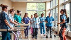 A dedicated community-based rehabilitation team, working in a warm, inviting clinic setting. In the foreground, a group of healthcare professionals - physiotherapists, occupational therapists, and nurses - engage with patients, guiding them through personalized treatment plans. The middle ground showcases state-of-the-art rehabilitation equipment, from parallel bars to robotic exoskeletons, all designed to support the team's holistic approach. In the background, large windows flood the space with natural light, creating a calming, therapeutic atmosphere. The overall scene conveys a sense of compassion, expertise, and a steadfast commitment to helping individuals regain their independence and quality of life.