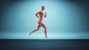 A detailed biomechanical analysis of a runner's stride, captured through high-speed cameras and motion tracking sensors. The runner's body in sharp focus, muscles and joints highlighted, with a neutral, clinical backdrop that emphasizes the scientific nature of the analysis. Crisp, evenly-lit environment with a slight bluish tone, creating a sense of precision and professionalism. The runner's form frozen in mid-stride, various data overlays and visualizations floating around, conveying the wealth of insights gathered through this in-depth examination of running mechanics.