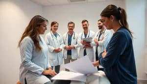A diverse team of healthcare professionals collaborating in a modern, well-lit clinic. In the foreground, a physiotherapist and an occupational therapist discuss a patient's treatment plan, their body language conveying a sense of focused cooperation. In the middle ground, a clinical psychologist and a nutritionist consult with the patient, their expressions empathetic and attentive. In the background, a sports medicine specialist and a pain management specialist observe the session, their poses indicating a multidisciplinary approach to addressing the patient's needs. Soft, diffused lighting creates a calm, professional atmosphere, while the clean, minimalist decor suggests a state-of-the-art facility dedicated to integrated, holistic care.