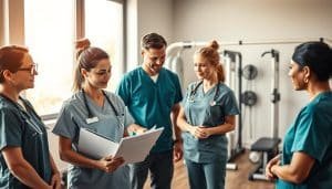 A dynamic group of sports physiotherapists, each with specialized expertise, gathered in a modern, well-equipped clinic. In the foreground, three professionals in medical scrubs confer over patient files, their expressions focused and confident. In the middle ground, a team member guides a patient through targeted exercises, providing gentle encouragement. The background showcases state-of-the-art rehabilitation equipment, conveying the clinic's commitment to cutting-edge therapies. Warm, natural lighting filters through large windows, creating a welcoming, professional atmosphere. The scene radiates a sense of collaborative expertise, dedicated to helping athletes and active individuals achieve optimal health and performance.