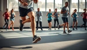 A dynamic scene depicting the benefits of physiotherapy for runners. In the foreground, a runner strides forward with perfect form, their muscles working in harmony as they propel themselves forward. Mid-ground, a physiotherapist examines a runner's leg, assessing potential injuries and developing a personalized treatment plan. In the background, runners of various abilities engage in a range of activities - from stretching and strength training to balance exercises and plyometrics - all designed to prevent and manage running-related injuries. The lighting is crisp and natural, casting long shadows and highlighting the defined musculature of the athletes. The overall atmosphere conveys the importance of proactive healthcare for the active, athletic lifestyle.