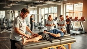 A group of experienced sports therapy professionals in a modern, well-equipped clinic. In the foreground, a physical therapist provides hands-on treatment to an athlete on a padded treatment table, while in the middle ground, other therapists assess and guide patients through customized rehabilitation exercises. The background features state-of-the-art equipment like treadmills, weight racks, and diagnostic tools, all bathed in warm, natural lighting that flows in through large windows. An atmosphere of expertise, care, and professionalism pervades the scene.