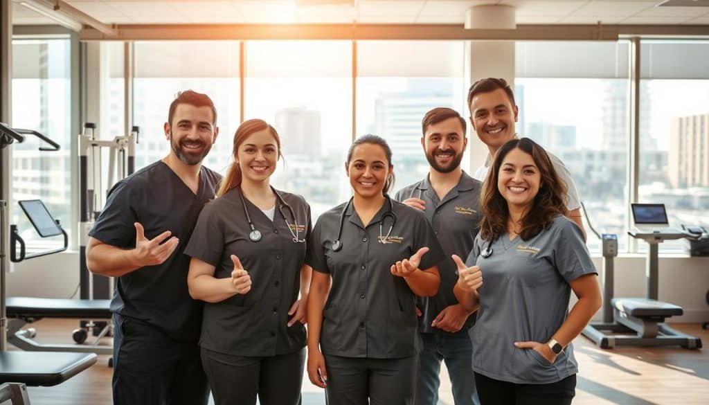 A group of friendly, approachable Calgary injury prevention specialists standing in a bright, airy clinic. The foreground features three professionals in medical uniforms, smiling and gesturing in a welcoming manner. The middle ground showcases various rehabilitation equipment and exercise machines, while the background depicts large windows overlooking the bustling streets of downtown Calgary. Warm, natural lighting filters in, creating a calming, professional atmosphere. The overall scene conveys expertise, compassion, and a commitment to holistic patient care.