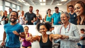 A group of smiling, active individuals engaged in various sports and recreational activities, showcasing their successful recovery and rehabilitation journeys after sports-related injuries. The foreground features a dynamic scene of athletes in motion, with clear expressions of determination and joy. The middle ground presents individuals in various stages of physical therapy, receiving personalized treatment from attentive healthcare professionals. The background depicts a modern, well-equipped sports therapy clinic, radiating a sense of professionalism and care. The lighting is warm and inviting, capturing the positive atmosphere and camaraderie. The overall scene conveys a sense of empowerment, inspiration, and the transformative power of preventative sports physiotherapy.