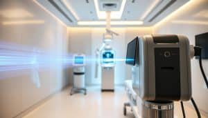 A high-tech medical procedure room with state-of-the-art shockwave and laser therapy equipment. In the foreground, a sleek, futuristic-looking shockwave therapy device emitting a powerful energy pulse. In the middle ground, a sophisticated laser therapy machine directing a beam of concentrated light. The background features modern, minimalist decor with clean lines and a soothing color palette, creating a calm and professional atmosphere. Bright, directional lighting illuminates the scene, highlighting the advanced medical technology. The overall impression is one of cutting-edge innovation in physiotherapy pain treatment.