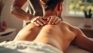A massage therapist's skilled hands delicately kneading the muscles of an athlete's back, integrating a blend of Swedish, deep tissue, and trigger point techniques. The scene is bathed in warm, natural lighting, casting a calming, therapeutic atmosphere. The therapist's focused expression and the client's serene pose convey a sense of trust and healing. The foreground showcases the intricate hand movements, while the middle ground reveals the treatment table and the athlete's relaxed posture. The background gently fades into a serene, soothing environment, suggesting a professional, spa-like setting.